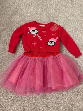 Girls Red Penguin Sweater with Pink Tulle Skirt